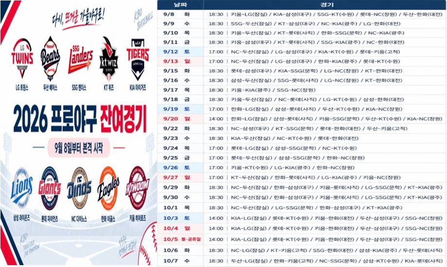 2026 프로야구 잔여경기 일정