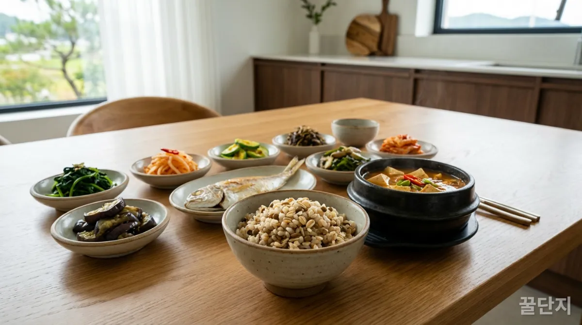 한국식 저속노화 식단으로 구성된 건강하고 다채로운 식사