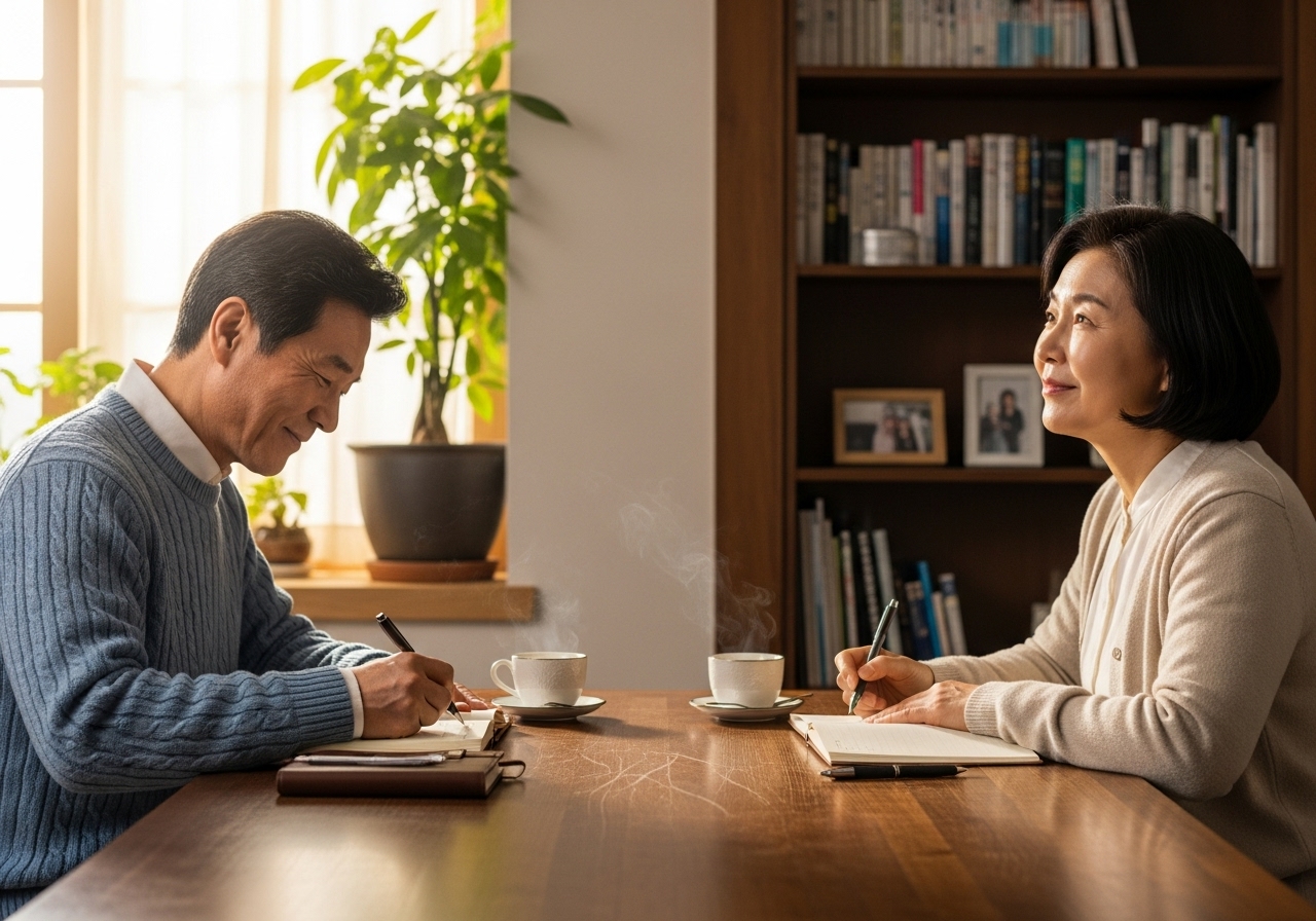 50대 커플, 함께 커피 마시며 일기 쓰는 모습