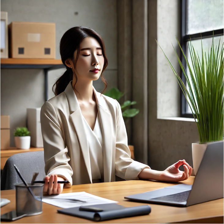 직장에서 명상하는 여성분