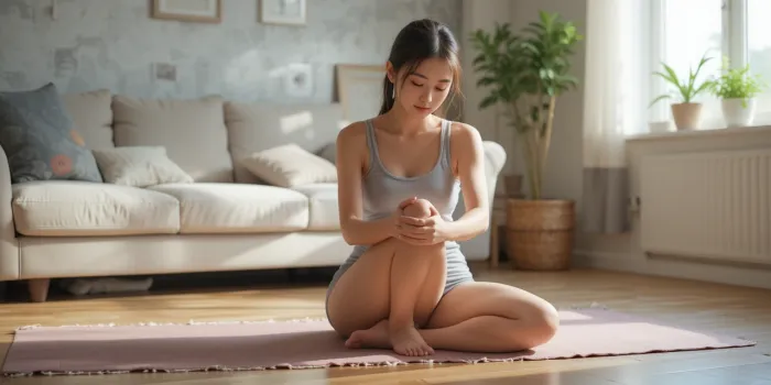 집에서 무릎 안쪽 통증 완화를 위한 스트레칭을 하는 모습