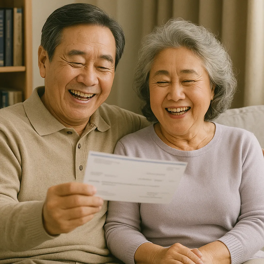 건강보험 환급금을 받고 기뻐하는 노년 부부의 모습