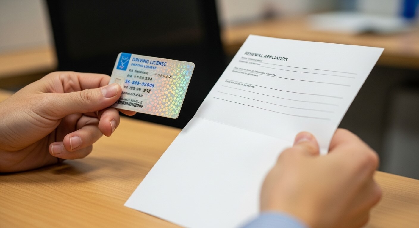 운전면허증과 갱신 신청서를 들고 있는 손