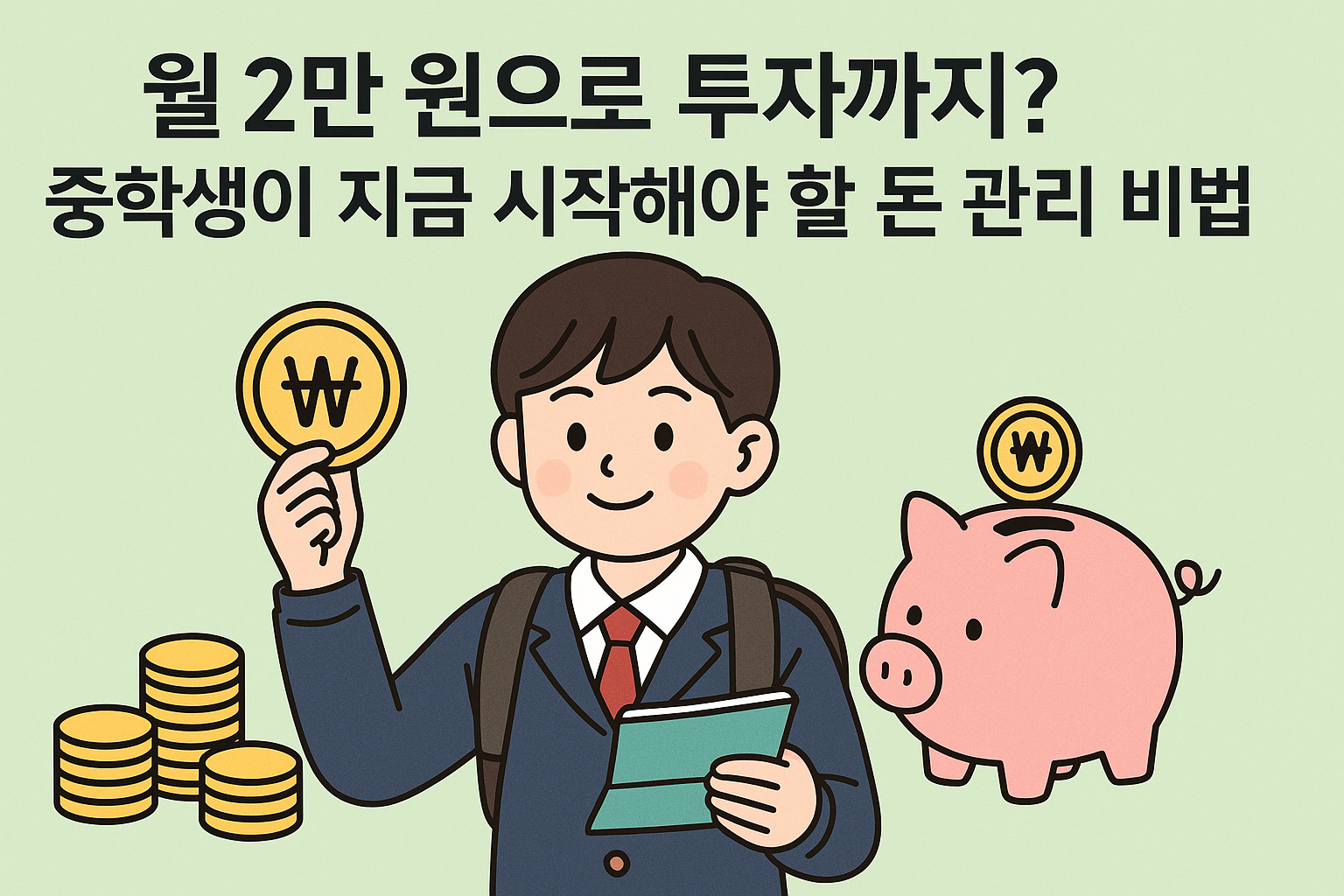 월-2만-원으로-투자까지?-중학생이-지금-시작해야-할-돈-관리-비법-일러스트-중학생이-동전을-들고-저금통-옆에서-미소-짓고-있는-모습-배경은-밝은-연두색이며-동전과-지갑도-함께-표현됨