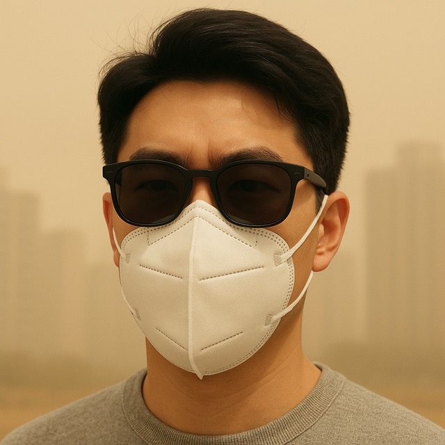 황사 속에서도 눈을 보호하는 선글라스와 마스크 착용의 중요성을 보여주는 장면(출처: 자체제작)