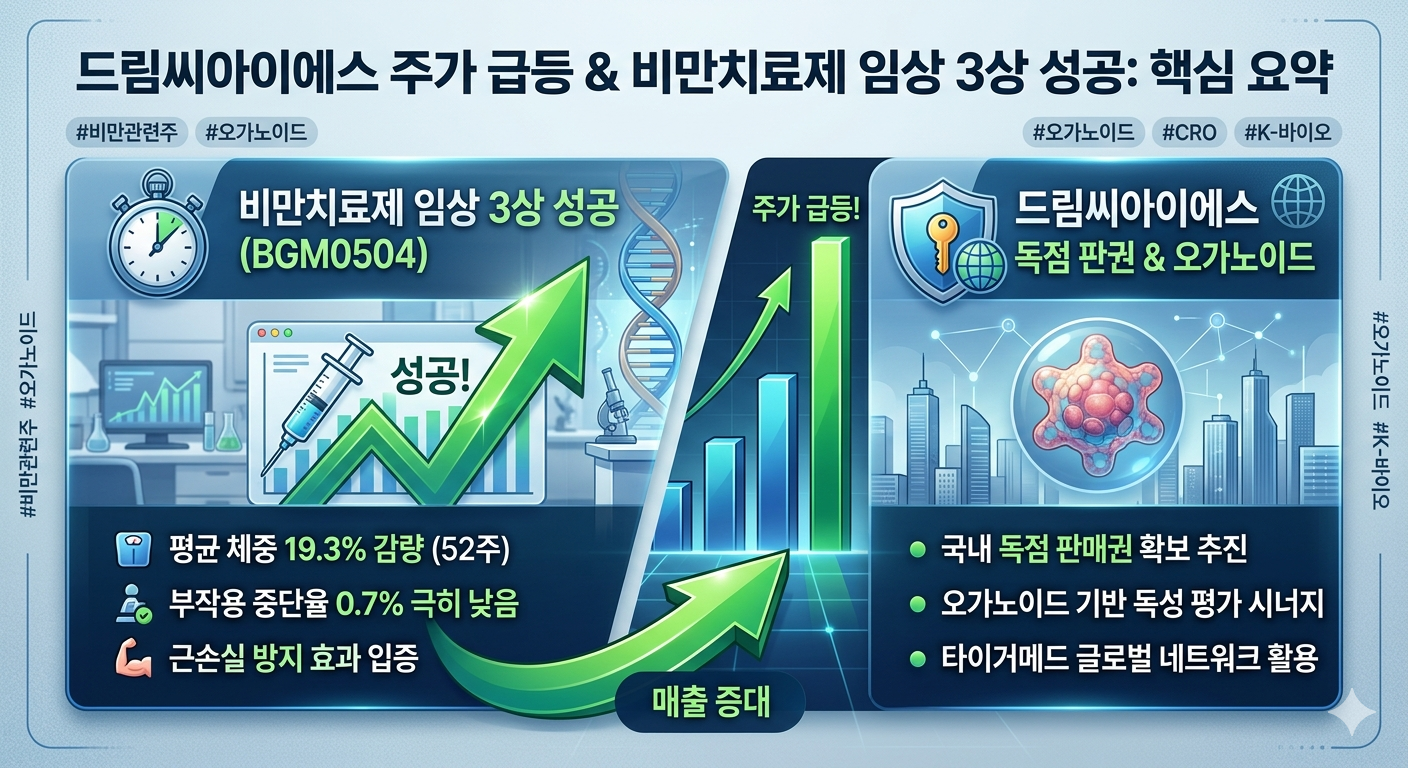 드림씨아이에스 주가 급등 원인 분석 인포그래픽 - 비만치료제 임상 3상 성공 지표(체중 19.3%감량) 및 오가노이드 신사업, 국내 독점 판매권 확보 전략 요약