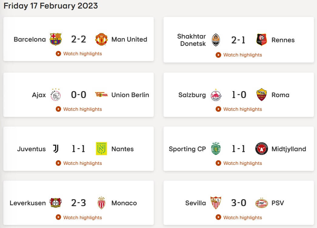 유로파리그 16강 플레이오프 1차전 경기 결과