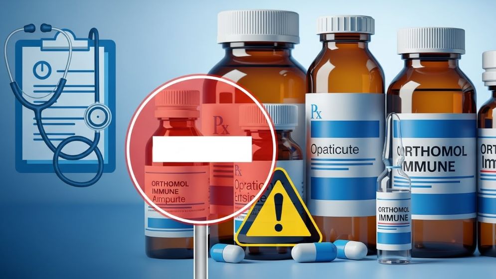 다양한 처방약 병과 Orthomol 면역 앰플의 일러스트가 있으며, 미묘한 '입장 금지' 또는 '주의' 기호가 겹쳐져 있어 잠재적인 약물 상호작용을 상징합니다.