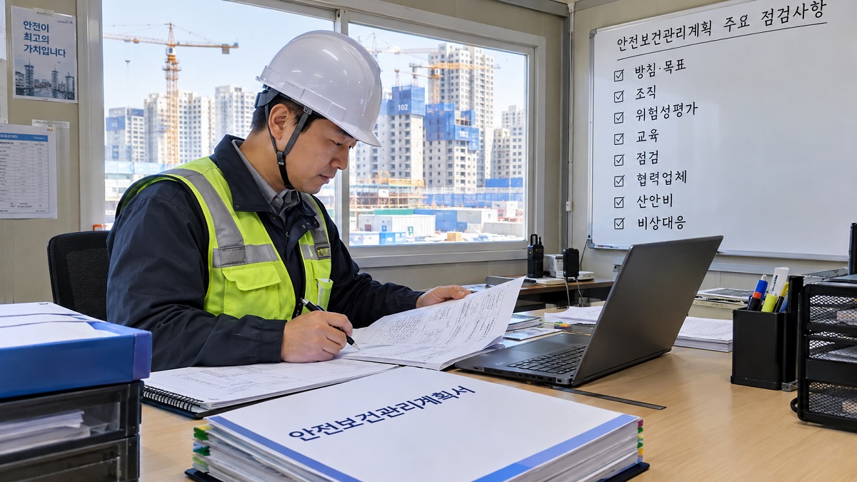 건설현장 사무실에서 안전관리자가 안전보건관리계획서 목차를 펼쳐 놓고 작성 항목을 검토하는 모습