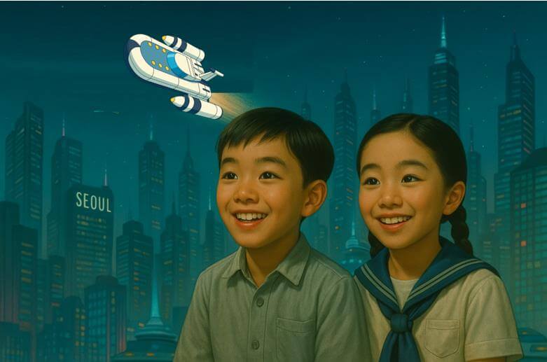 미래 도시에서 제비호를 바라보는 소년소녀