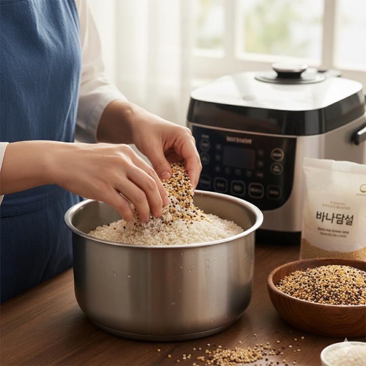 바나듐쌀과 잡곡을 섞어 밥을 짓는 모습