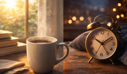 아침 커피 잔과 저녁 시계의 대비로 카페인의 영향 상징