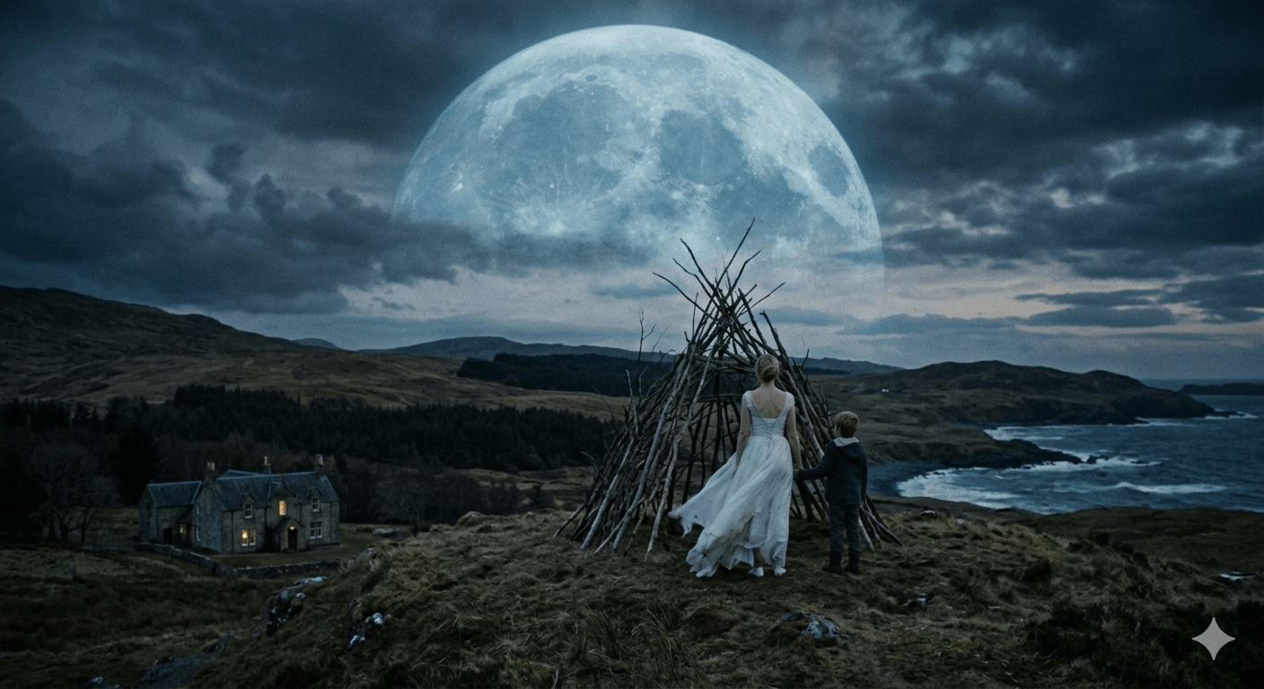 영화 멜랑콜리아 속 지구를 향해 다가오는 거대 행성과 그 아래 나뭇가지로 지어 올린 마법의 성 앞에서 손을 잡고 종말을 기다리는 저스틴과 소년의 뒷모습