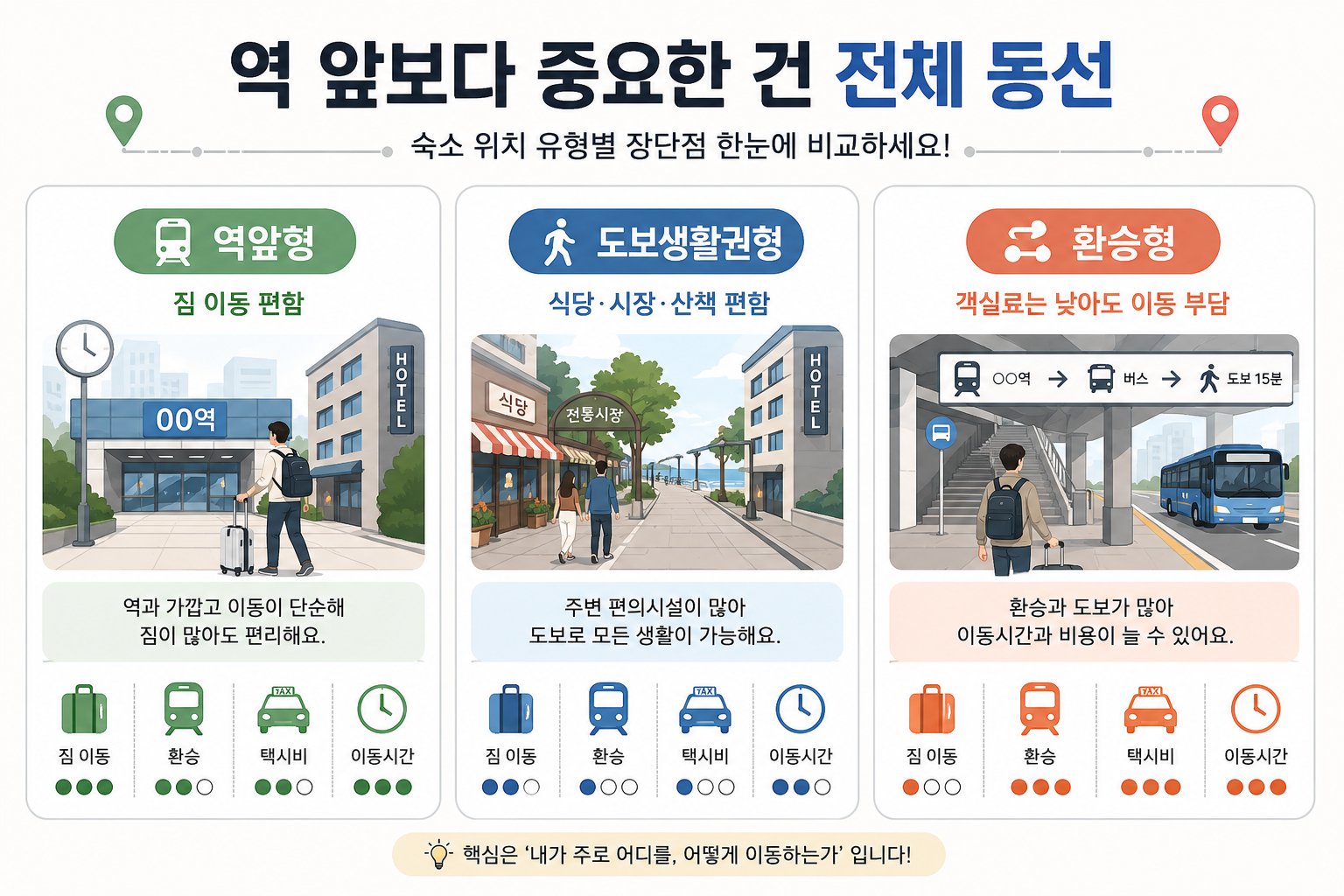 뚜벅이 가성비 호텔에서 역앞 도보권 환승형 외곽형 숙소의 이동시간을 비교한 이미지