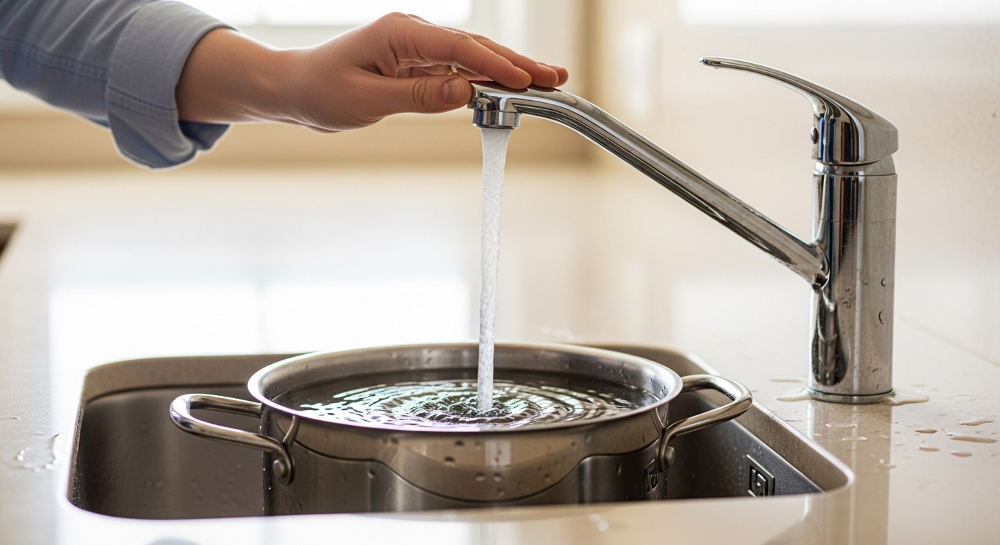 주방 수도꼭지에서 깨끗한 찬물을 냄비에 받는 손의 모습. 안전한 조리 습관을 강조합니다.