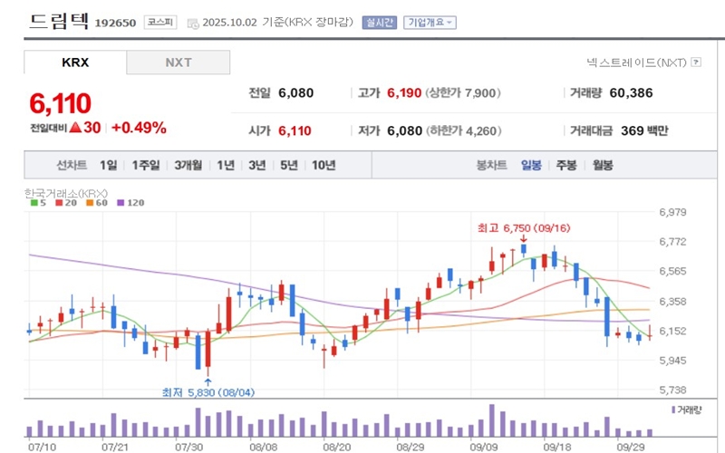 드림텍 일봉 차트