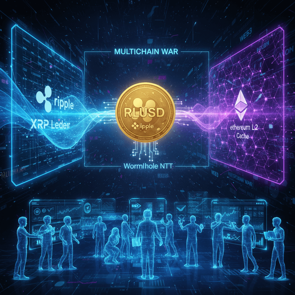 멀티체인 전쟁 속 리플 XRP 렛저와 이더리움 L2 캐시가 RLUSD 코인과 웜홀 NTT로 연결되고, 홀로그램 인물들이 데이터를 분석하는 디지털 장면