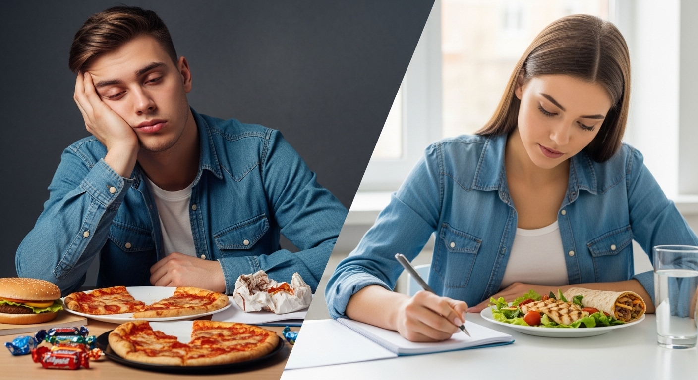 기름진 음식과 설탕이 많은 간식을 먹고 졸려 하는 학생과 건강한 식단으로 집중하는 학생의 대조