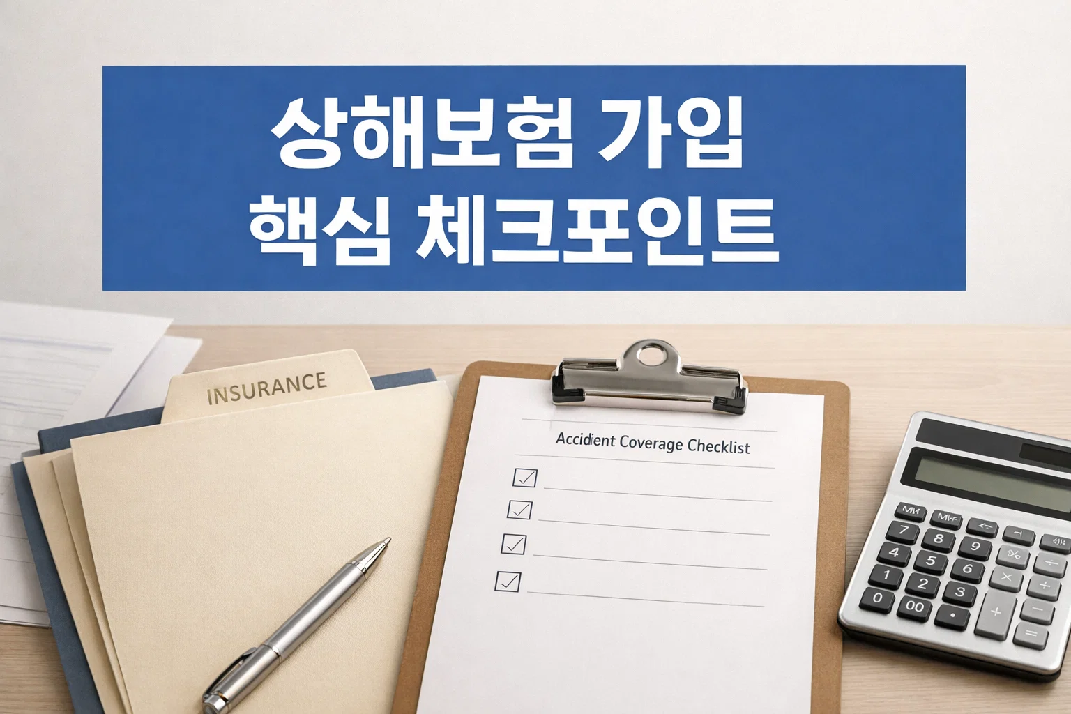 상해보험 가입 핵심 체크포인트를 보험 서류와 체크리스트 화면으로 정리해 가입 전 확인 흐름을 보여주는 이미지