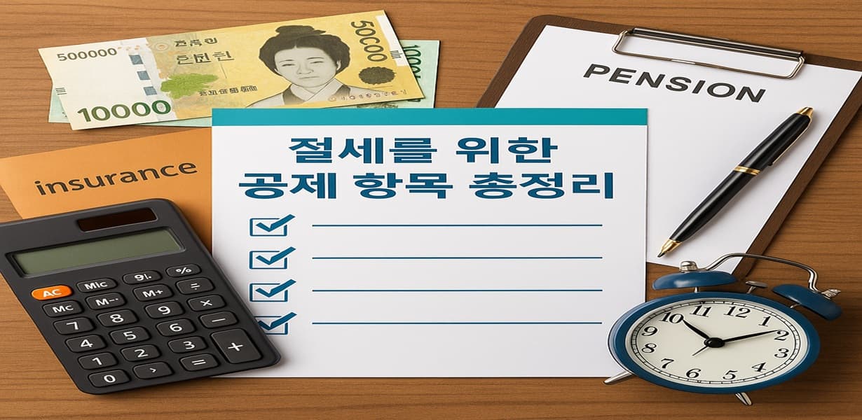 절세를 위해 공제 항목을 정리한 체크리스트와 계산기, 보험 서류, 연금 폴더, 한국 지폐가 책상에 놓여 있는 모습