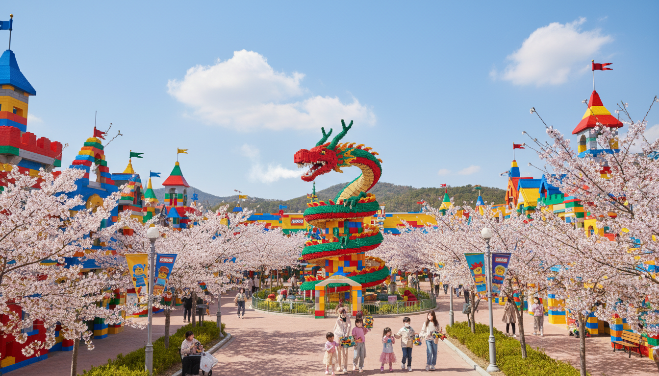 춘천 레고랜드의 알록달록한 건축물과 만개한 벚꽃이 어우러진 봄 풍경