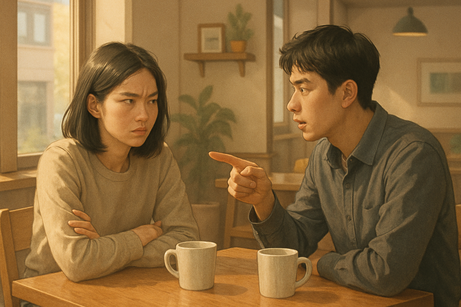 연인으로 보이는 남녀가 카페에서 싸우는 모습, 남자가 꼬투리를 잡아서 여자의 심기를 불편하게 하는 모습 일러스트