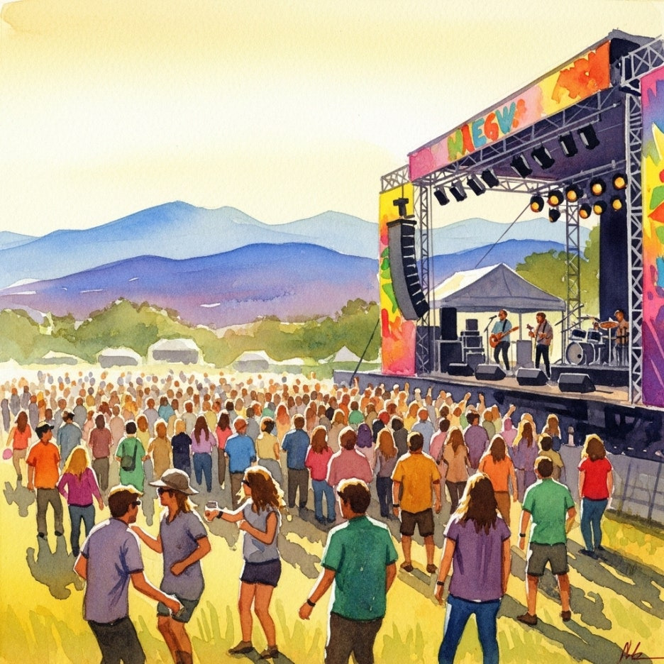 야외 무대에서 펼쳐지는 즐거운 공연과 관객들