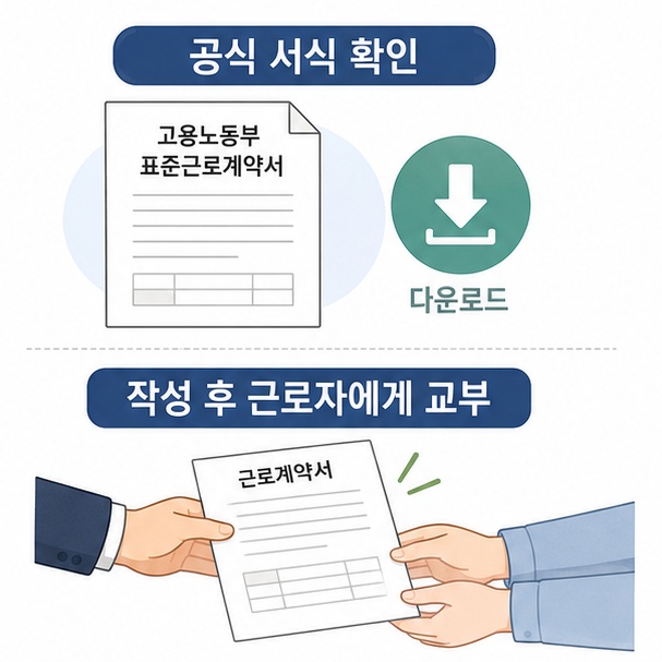 고용노동부 공식 근로계약서 서식을 확인하고 작성 후 근로자에게 교부하는 과정을 설명한 이미지