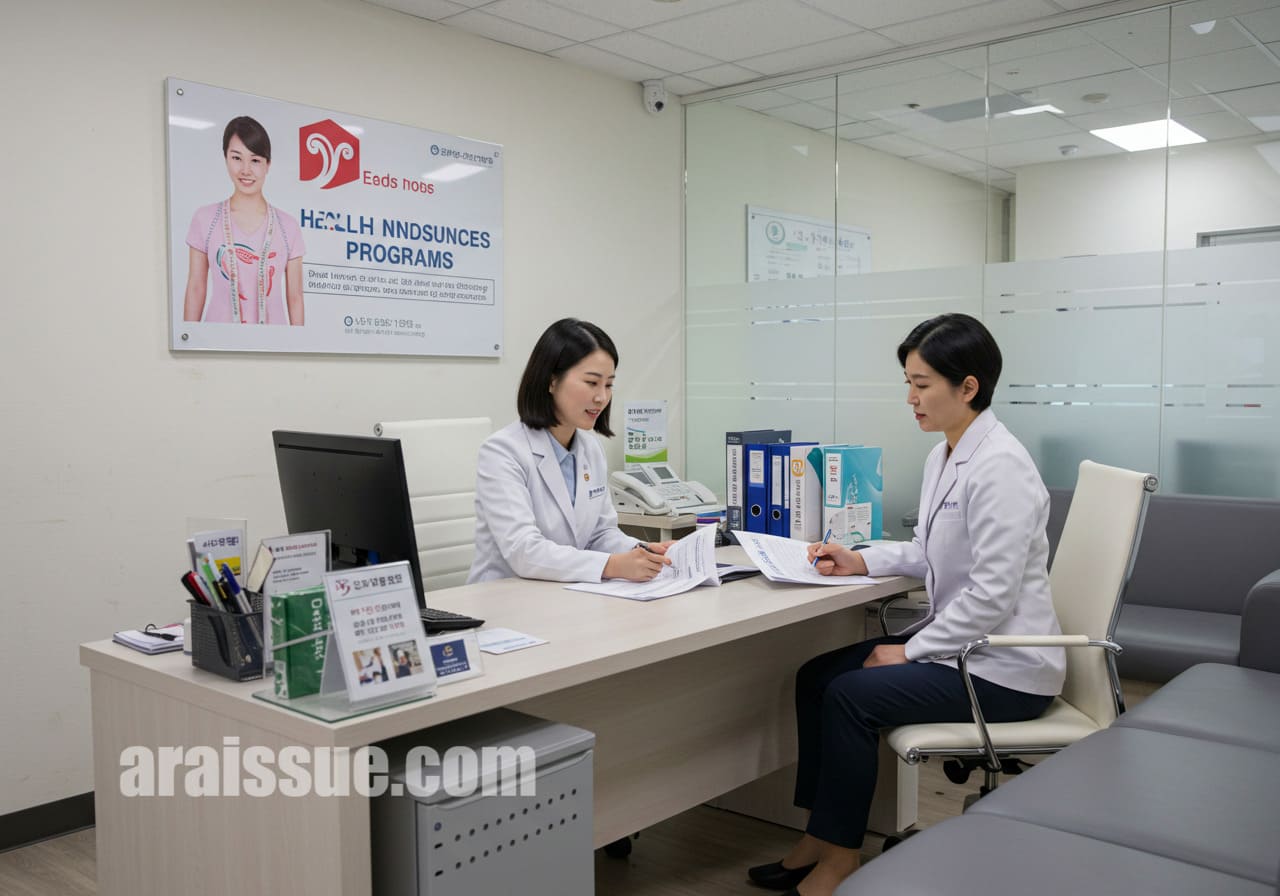 한국인 의료 전문가가 환자에게 체중 감량 프로그램을 위한 실손보험 혜택을 효율적으로 활용하는 방법을 설명하는 장면. 현대적인 의료 사무실에서 상담이 이루어지며, 책상 위에는 건강 보험 브로셔와 컴퓨터가 놓여 있다.
