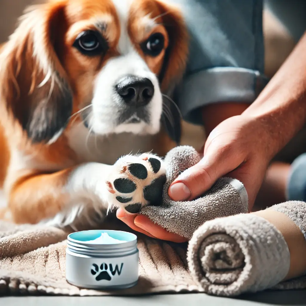 산책 후 강아지의 발바닥을 부드럽게 닦고 있는 모습, 옆에는 발바닥 밤과 수건이 놓여 있음