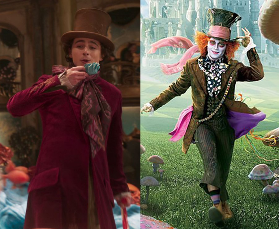 영화 웡카와 앨리스인원더랜드의 매드해터 의상의 유사성 비교