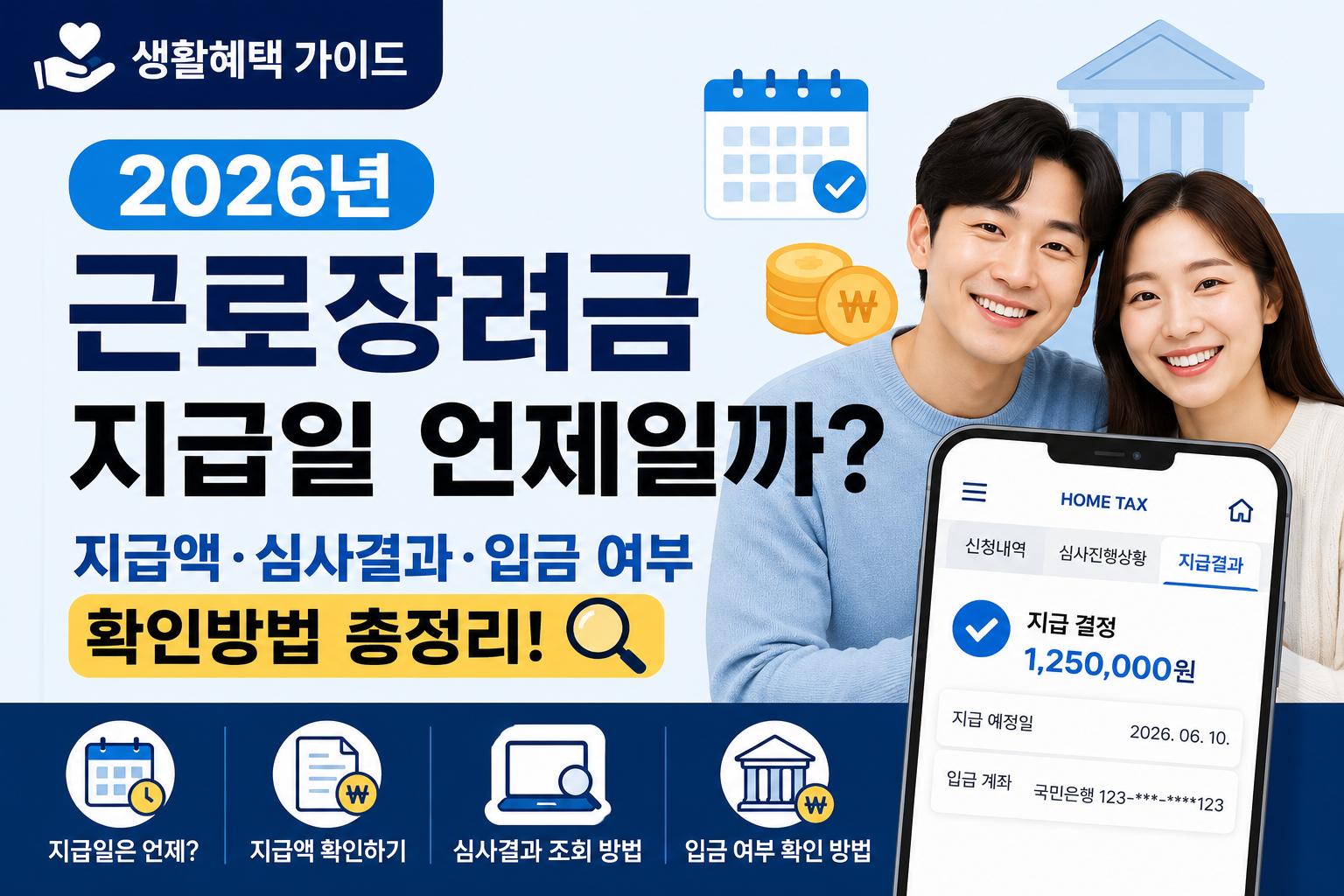 2026년 근로장려금 지급일과 지급액 심사결과 입금 여부 확인방법을 정리한 안내 이미지