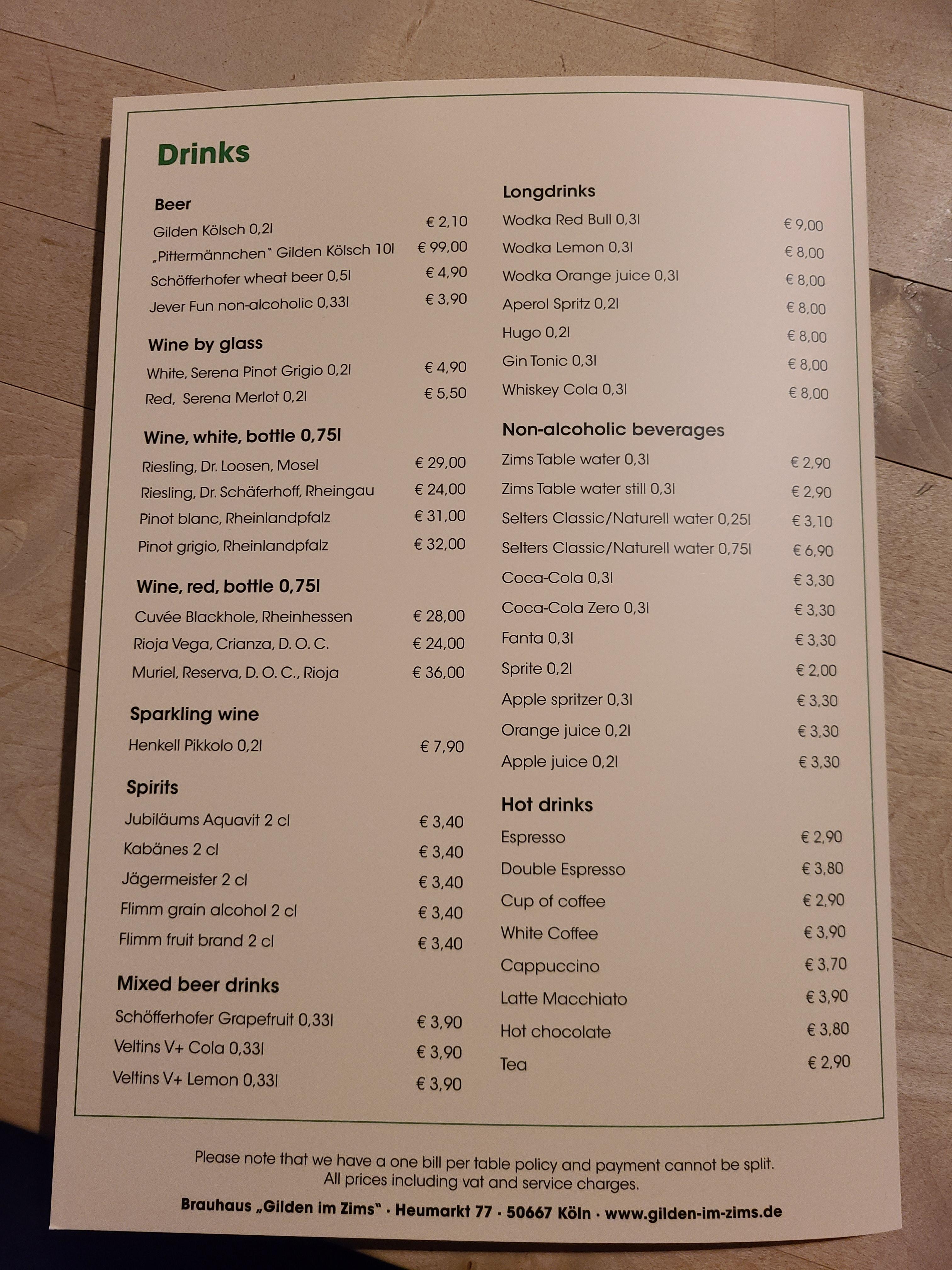 gilden im zims 음료 메뉴판