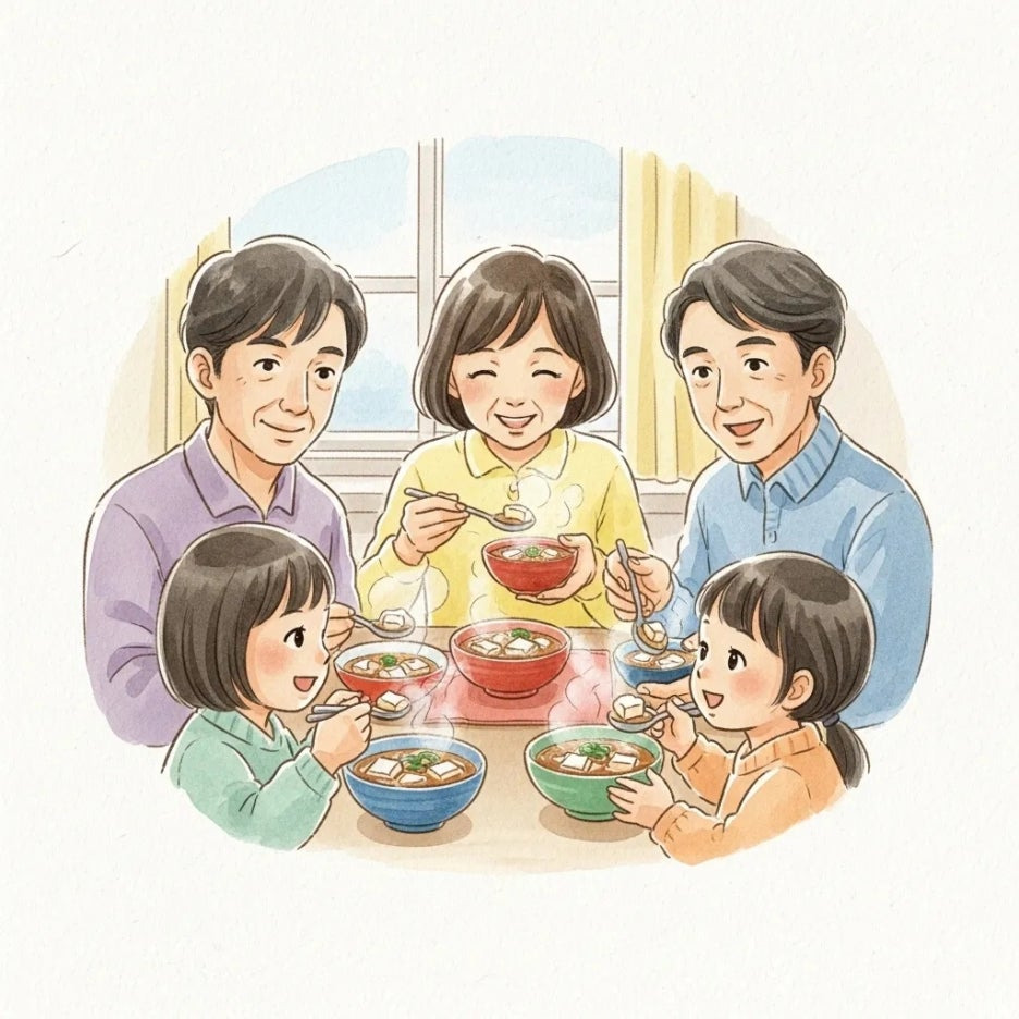 온 가족이 순두부찌개를 즐기는 따뜻한 주방 풍경