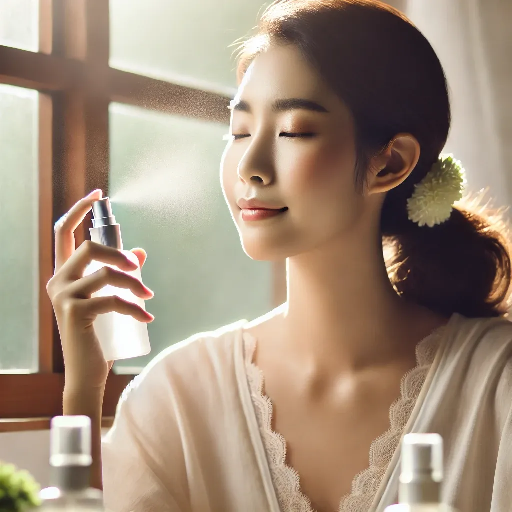 고요한 여성, 안개 낀 얼굴, 자연 채광, 부드러운 초점, 아침 빛, 레이스 로브, 차분한 표정, 신선하고 활기찬, 창문 배경, 머리카락의 섬세한 꽃, 부드러운 안개, 스킨케어 루틴, 평온한 분위기