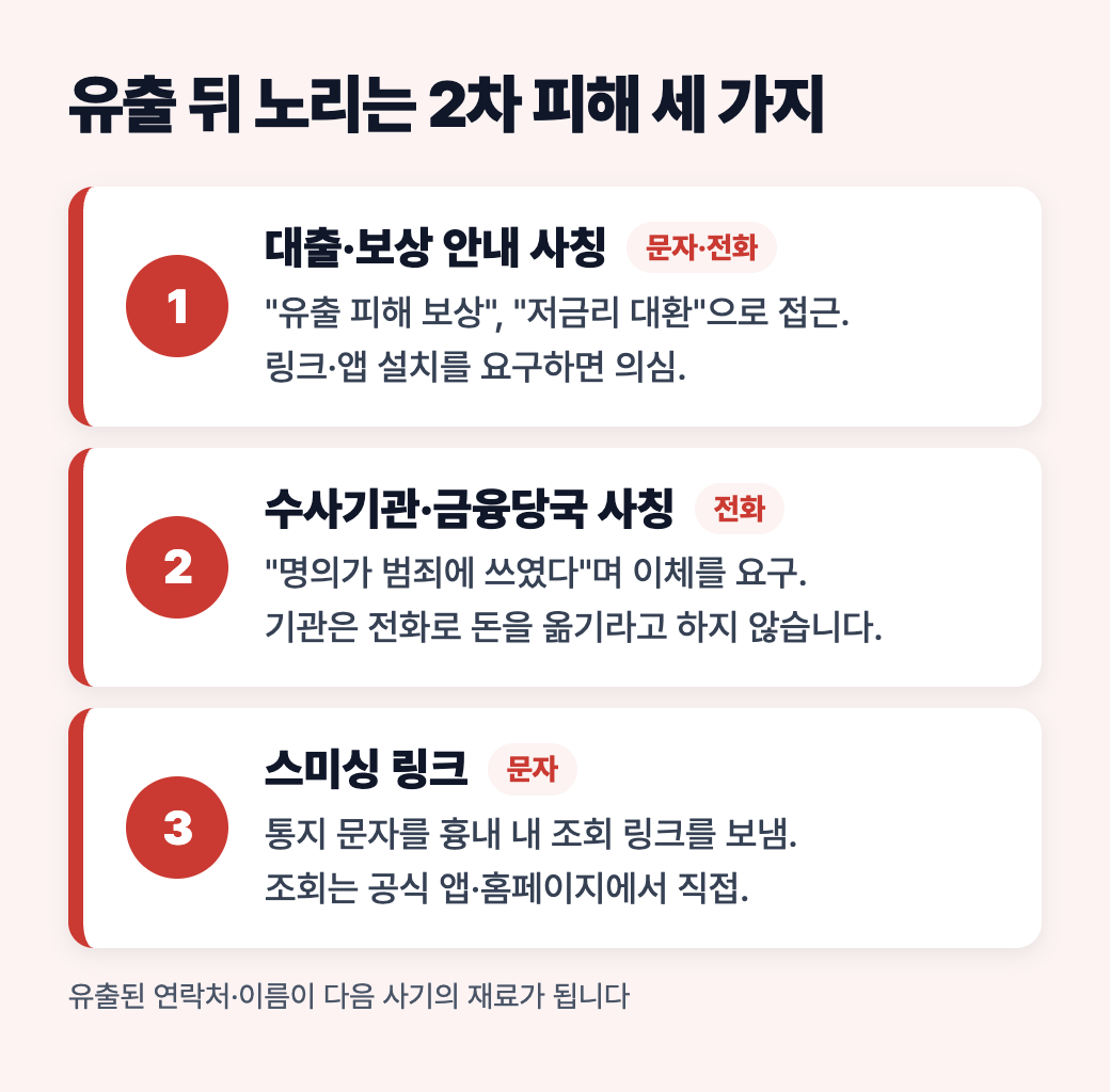 유출 뒤 노리는 2차 피해 세 가지: 대출·보상 안내 사칭, 수사기관·금융당국 사칭, 스미싱 링크