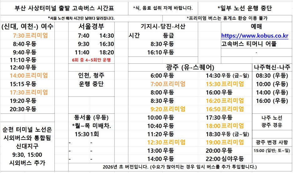 부산서부시외버스터미널 (부산사상터미널) 출발 시간표 1-1