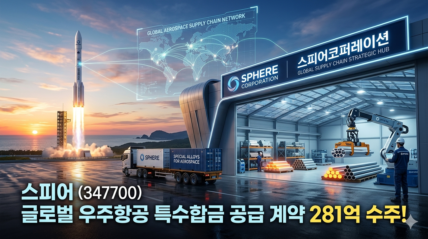 스피어(347700) 기업의 글로벌 우주항공 특수합금 281억 원 공급 계약 수주를 기념하는 블로그 썸네일 이미지. 왼쪽에는 'SPHERE' 로켓이 불꽃을 뿜으며 발사되고 있으며, 오른쪽에는 현대적인 스피어코퍼레이션 공급망 전략 허브(GLOBAL SUPPLY CHAIN STRATEGIC HUB) 건물이 있습니다. 허브 내부와 앞마당에는 'SPECIAL ALLOYS FOR AEROSPACE'라고 적힌 컨테이너 트럭과 특수합금 자재들이 보이며, 세계 지도가 그려진 홀로그램 스크린이 글로벌 네트워크를 보여줍니다. 하단에는 한국어로 '스피어 (347700)', '글로벌 우주항공 특수합금 공급 계약 281억 수주!'라는 문구가 크고 명확하게 적혀 있습니다
