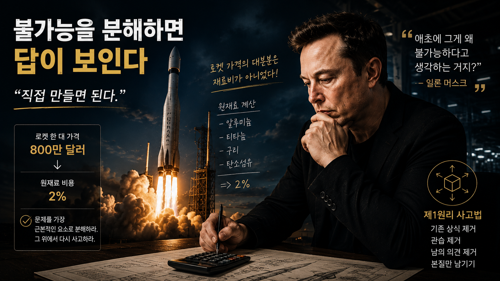 로켓 한 대 가격 800만 달러를 원재료비 2% 단위까지 분해하여 분석하는 과정. 불가능해 보이는 비용 절감이 '본질적 데이터' 분석을 통해 가능해졌음을 시각화했습니다.