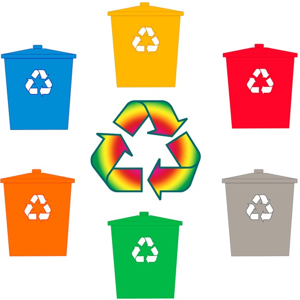 가운데 재활용 마크가 있고, 그 마크가 붙어있는 여러색깔의 수거 통 6개가 있는 그림