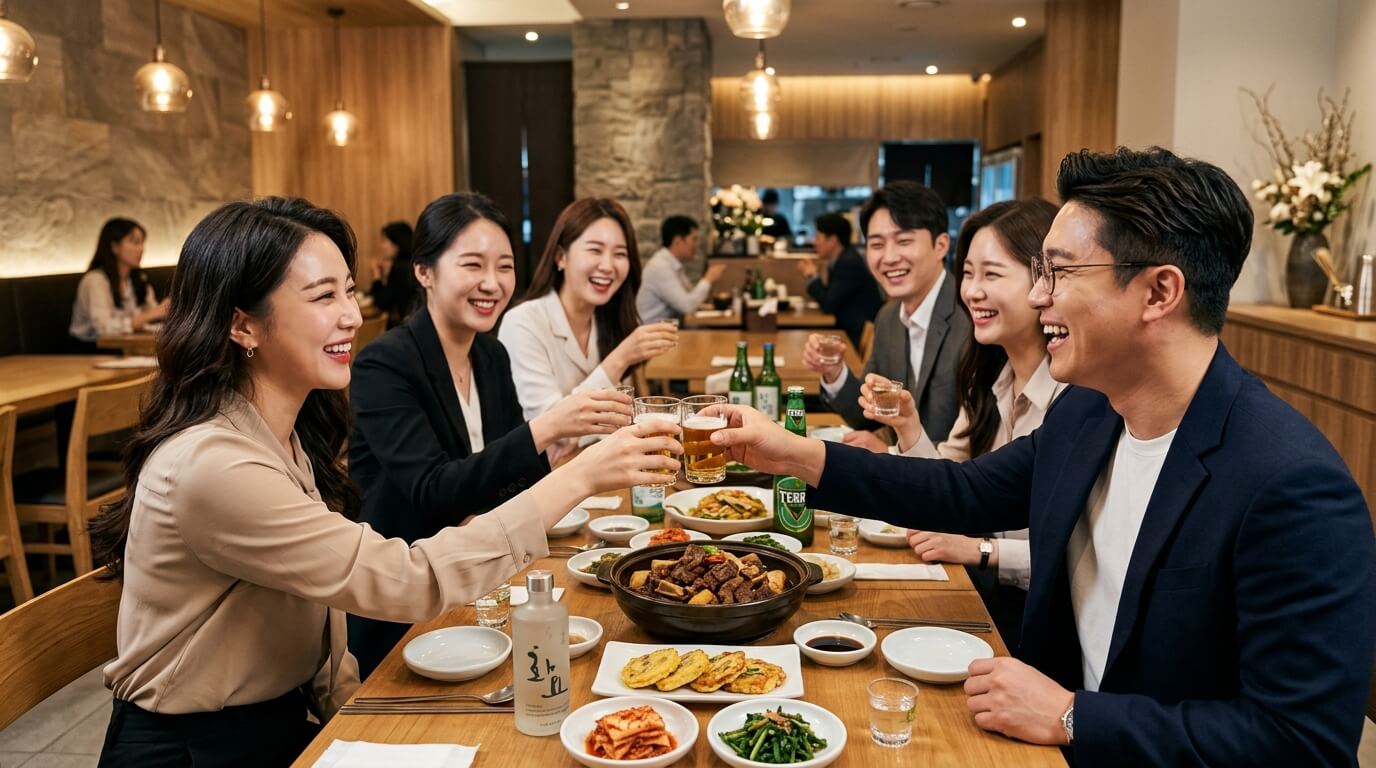 회식 자리에서 적절하게 음주하며 대화하는 사회 초년생 직장인들