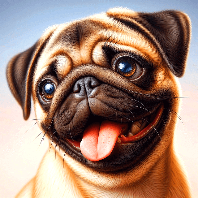 갈색의 작은 불독이 혀를 내밀고 웃고 있다.