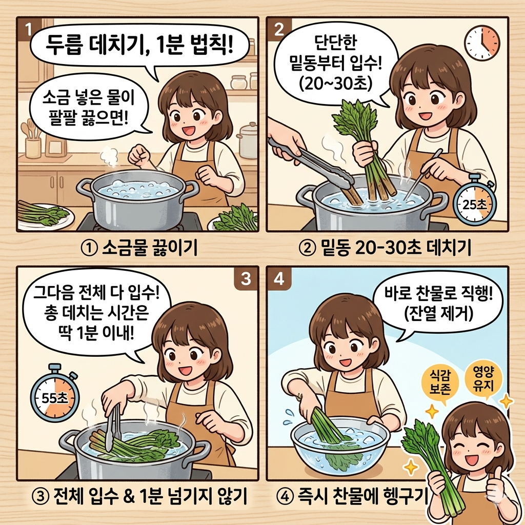 두릅: 두릅 데치기 1분 법칙, 소금 한 꼬집이 사포닌 보존에 미치는 영향