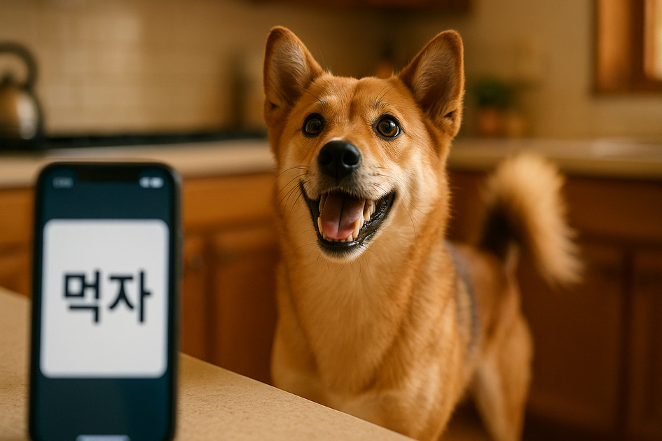 반려견이 먹자라는 말에 반응하는 이미지