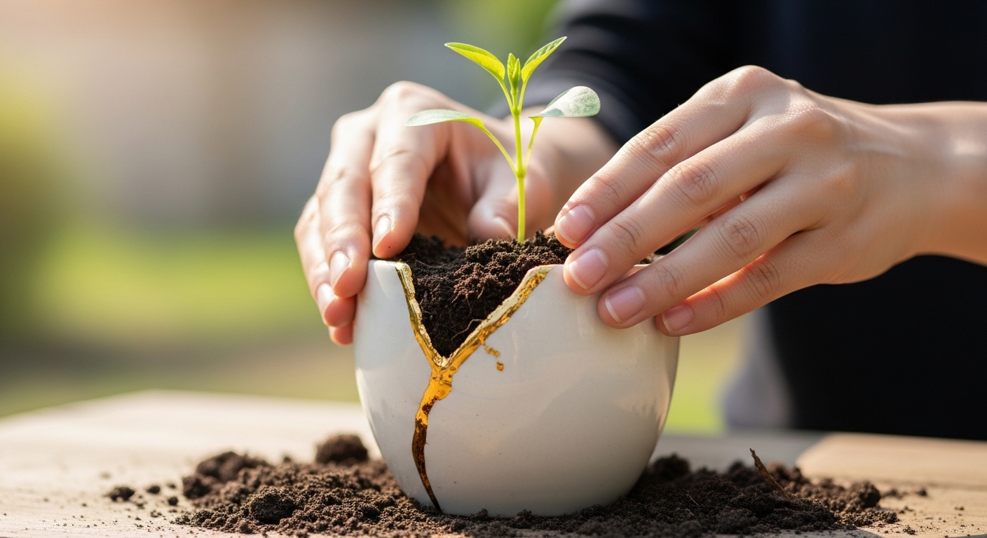 킨츠기 기법으로 수리된, 불완전하지만 아름다운 화분에 새싹을 심는 손. '충분히 좋음'의 힘을 상징.