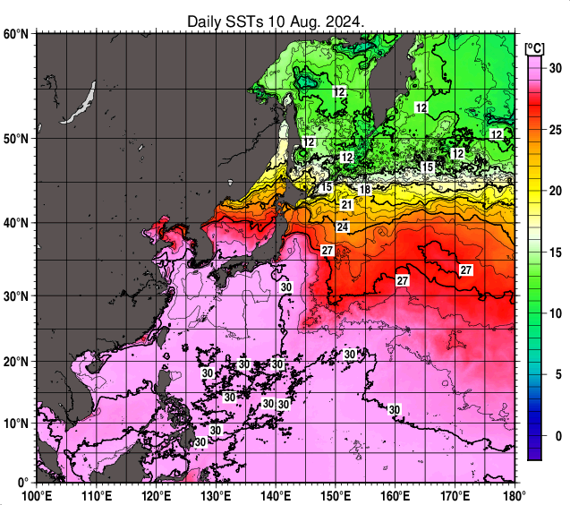 8월 10일 북서태평양 해수면 온도