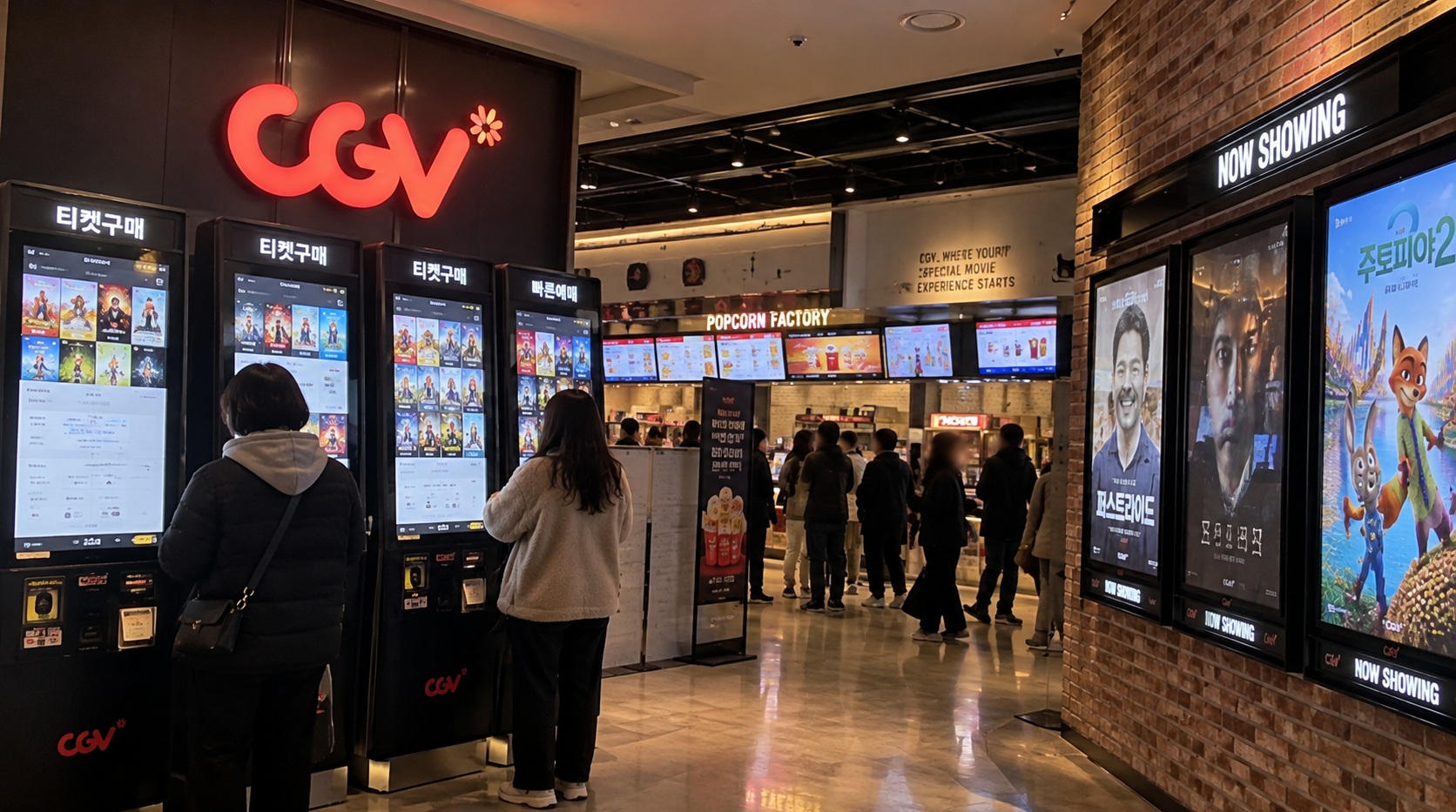 CGV 영화관 로비에 설치된 무인 발권기와 영화 포스터 및 매표 공간의 모습