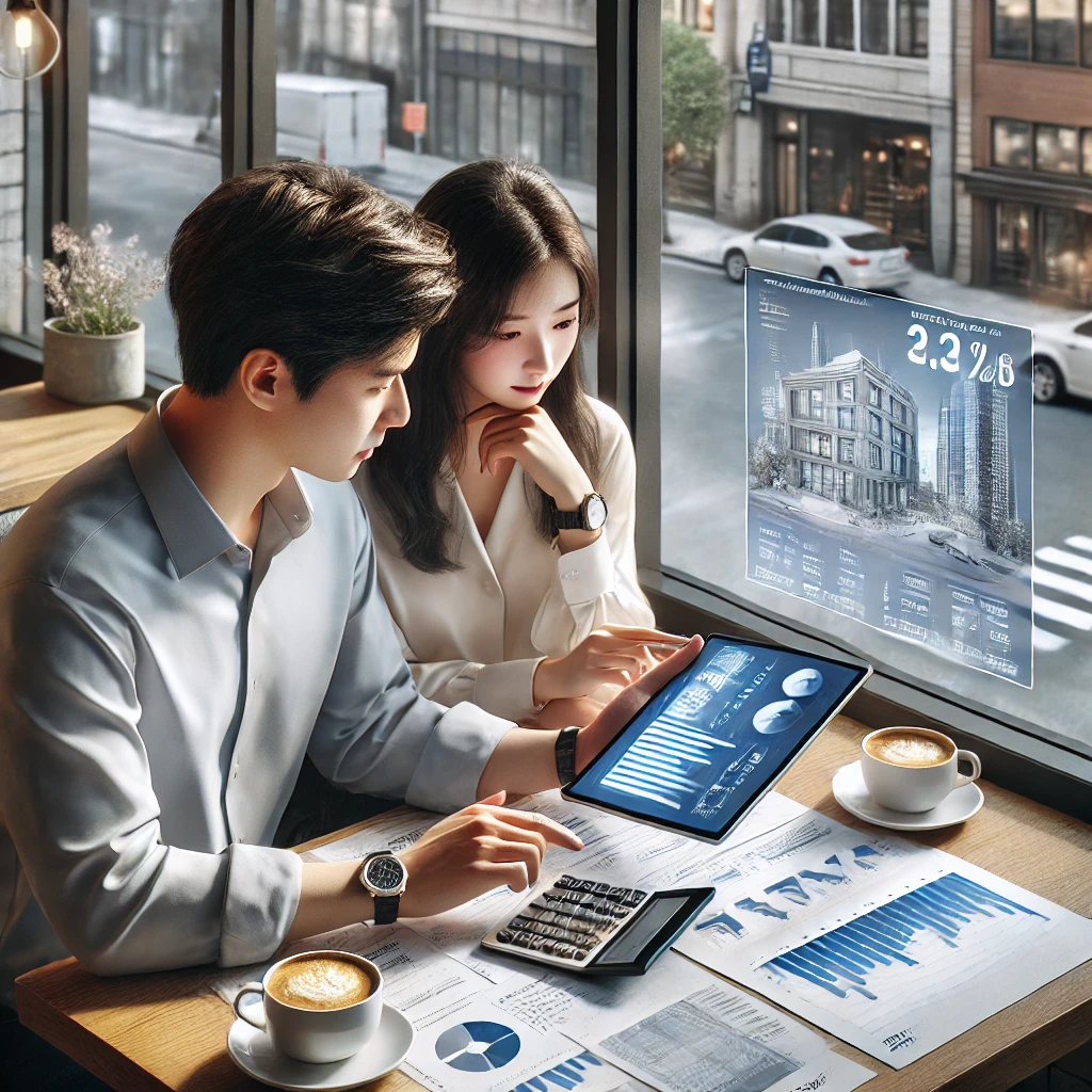 커플이 랩탑과 계산기로 상가 매수를 분석하는 모습