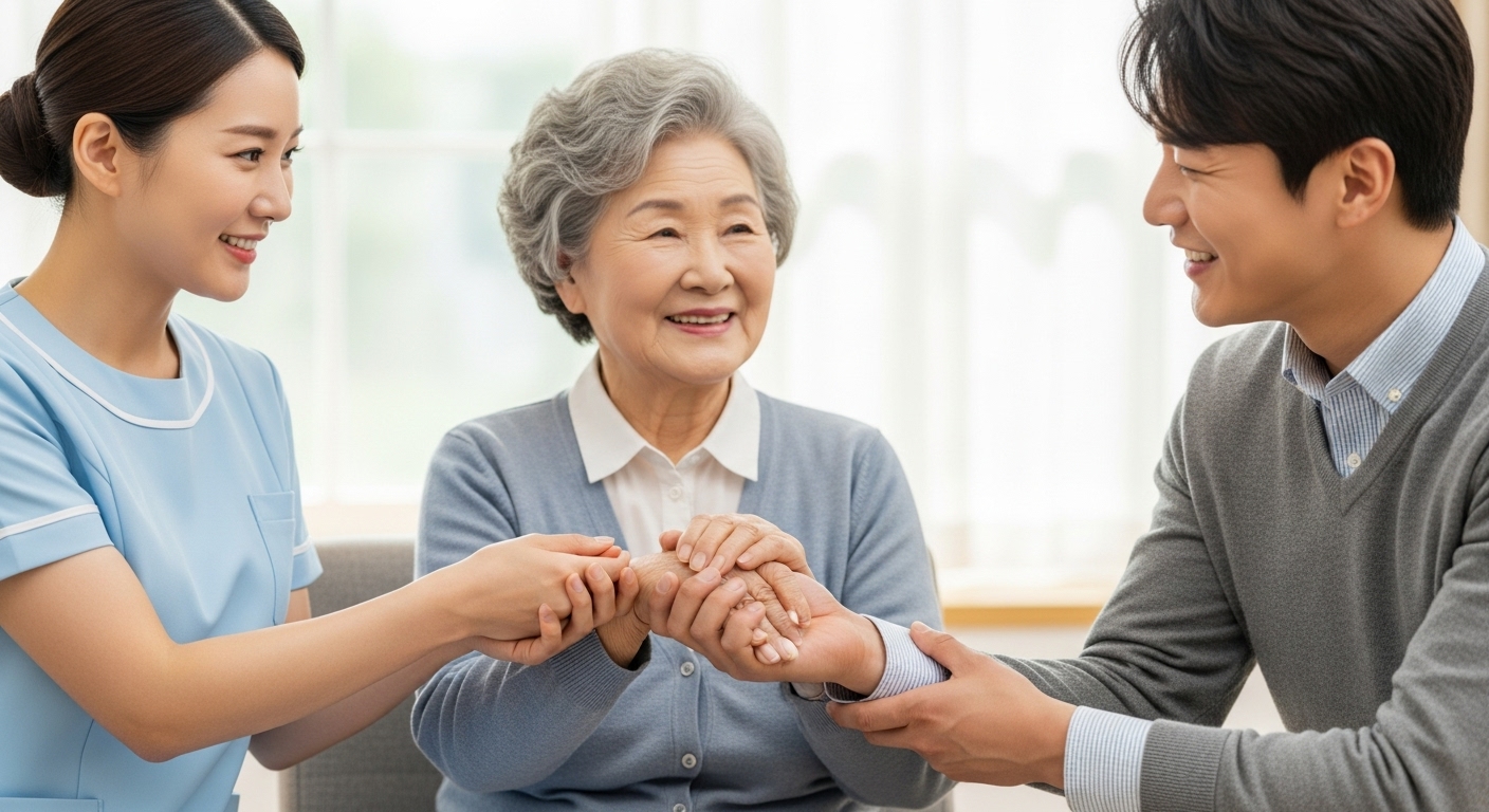 어르신을 가운데 두고 요양보호사와 보호자가 손을 맞잡으며 하나의 팀이 되었음을 상징하는 사진, 갈등 해결 대화법의 성공적인 결과를 암시한다.