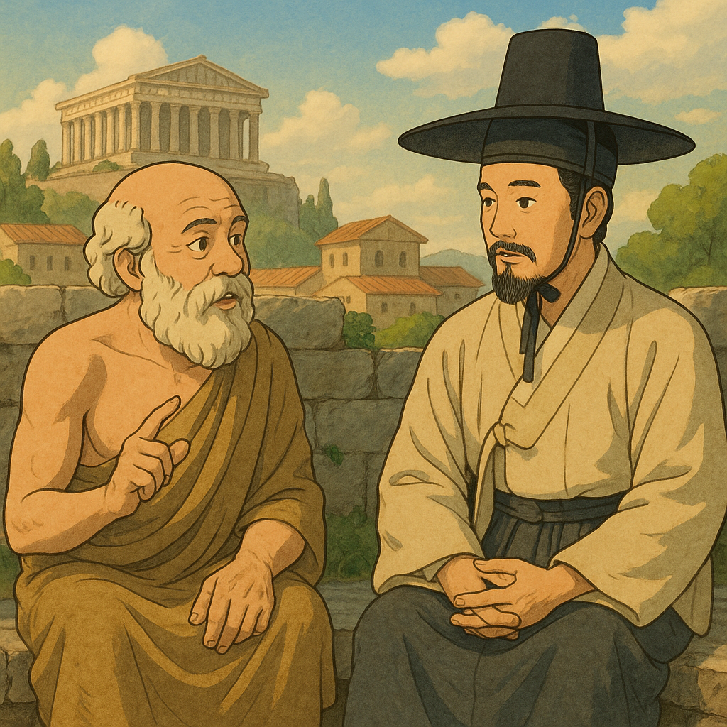 고대 아테네와 조선의 옛 선비가 한 자리에 앉아 '정의'에 대해 이야기하는 모습